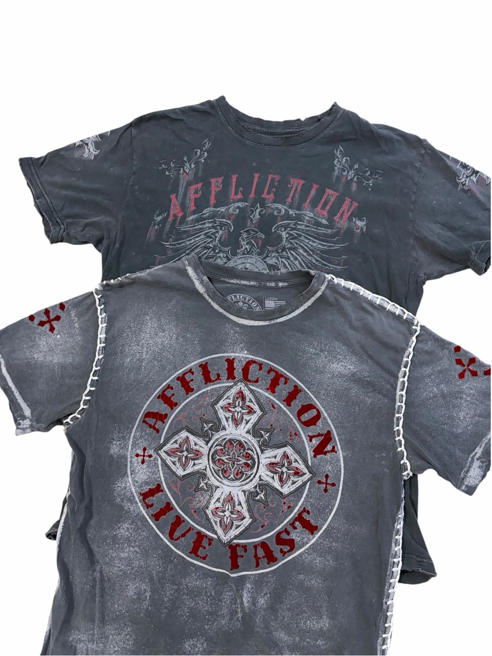 Lot of 2 Affliction Graphic Short Sleeve Shirts Mens Large Gray Grunge Emo